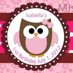 Water Bottle Label - Owl Theme Pink Baby Owl SET of 20 Custom Order